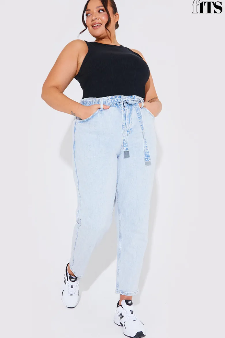 Light Wash Paperbag Tie Waist Jeans