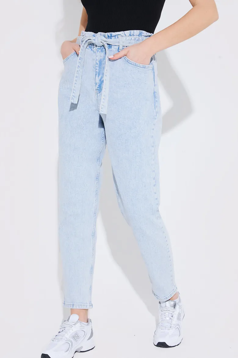 Light Wash Paperbag Tie Waist Jeans