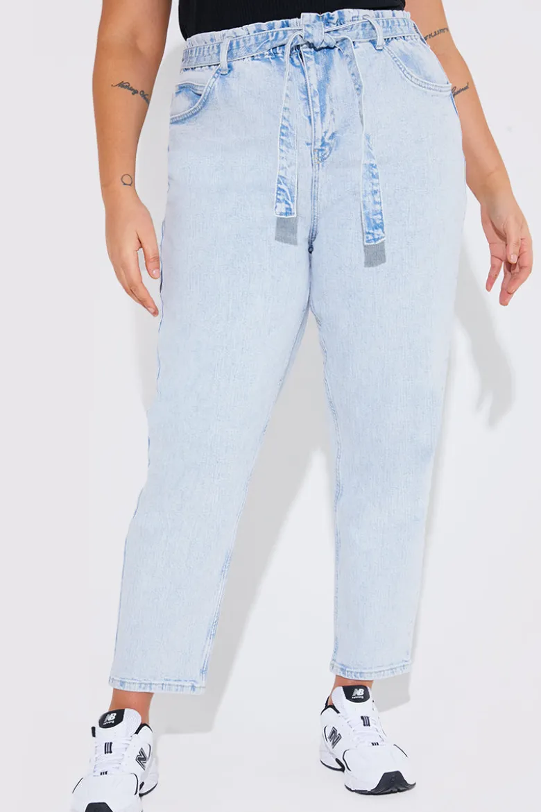 Light Wash Paperbag Tie Waist Jeans