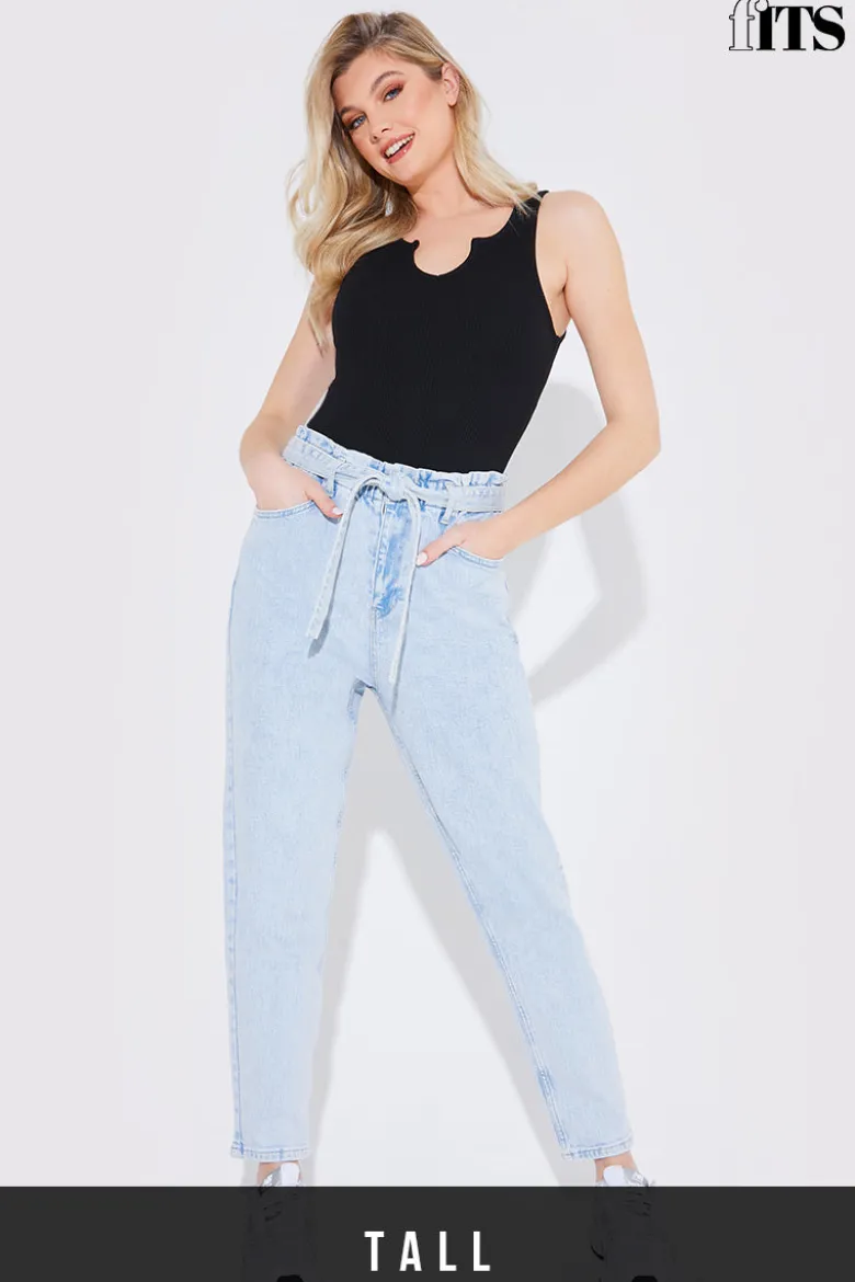 Light Wash Paperbag Tie Waist Jeans