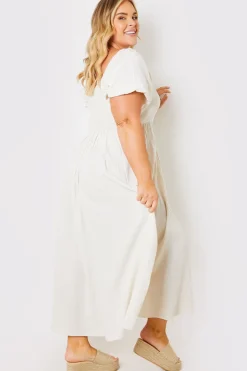 Linen Blend Puff Sleeve Square Neck Midaxi Dress