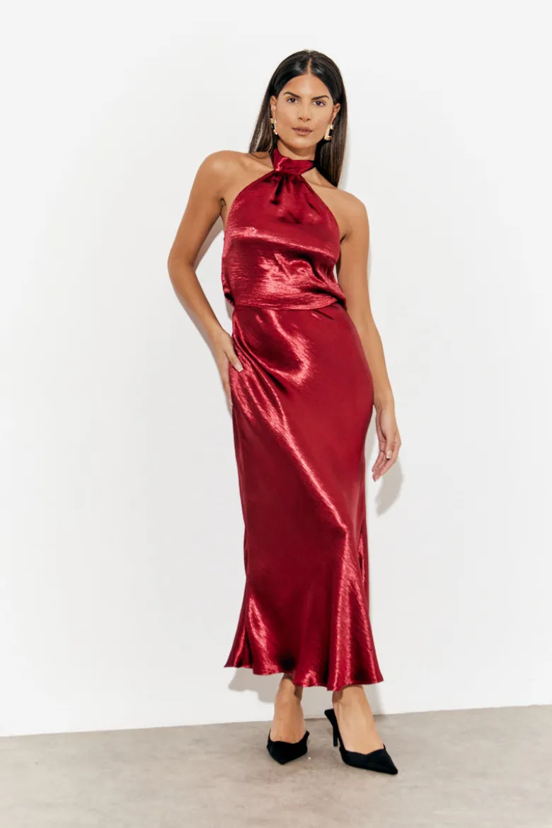 Liquid Satin Halterneck Cowl Back Midaxi Dress