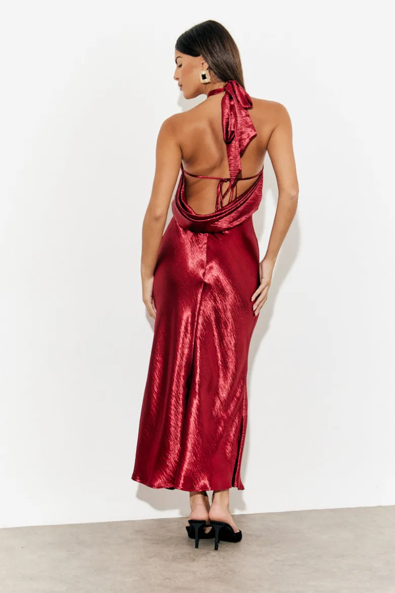Liquid Satin Halterneck Cowl Back Midaxi Dress