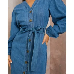 Long Sleeve Denim Shirt Dress in Blue