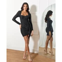 Long Sleeve Glitter Drape Mini Dress in Black
