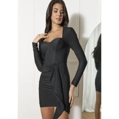 Long Sleeve Glitter Drape Mini Dress in Black