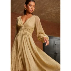 Long Sleeve Glitter Plisse Wrap Midi Dress in Gold