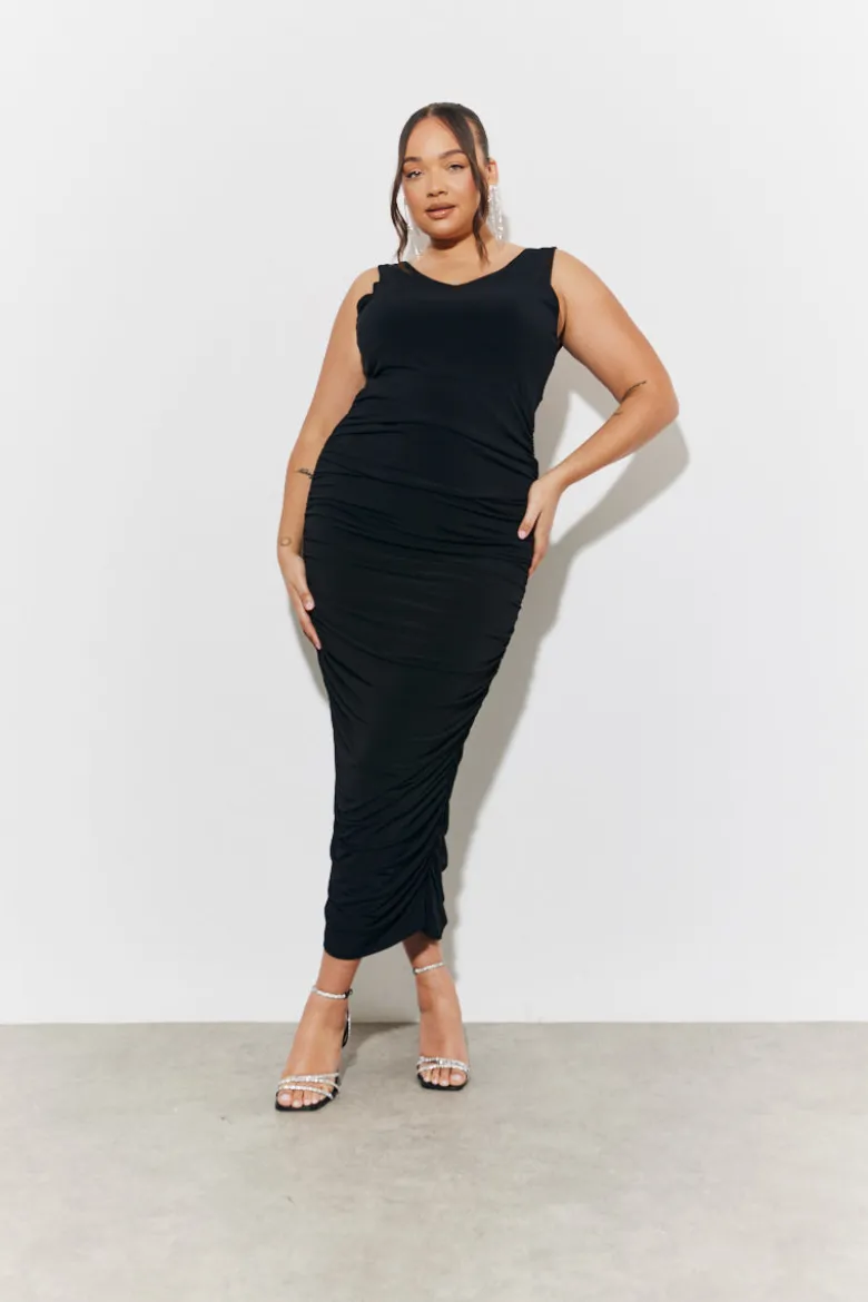 Magic Sculpting Plunge Neck Ruched Detail Midaxi Dress