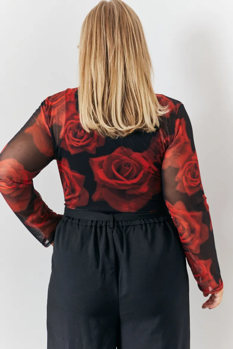 Mesh All Over Rose Print Long Sleeve Top