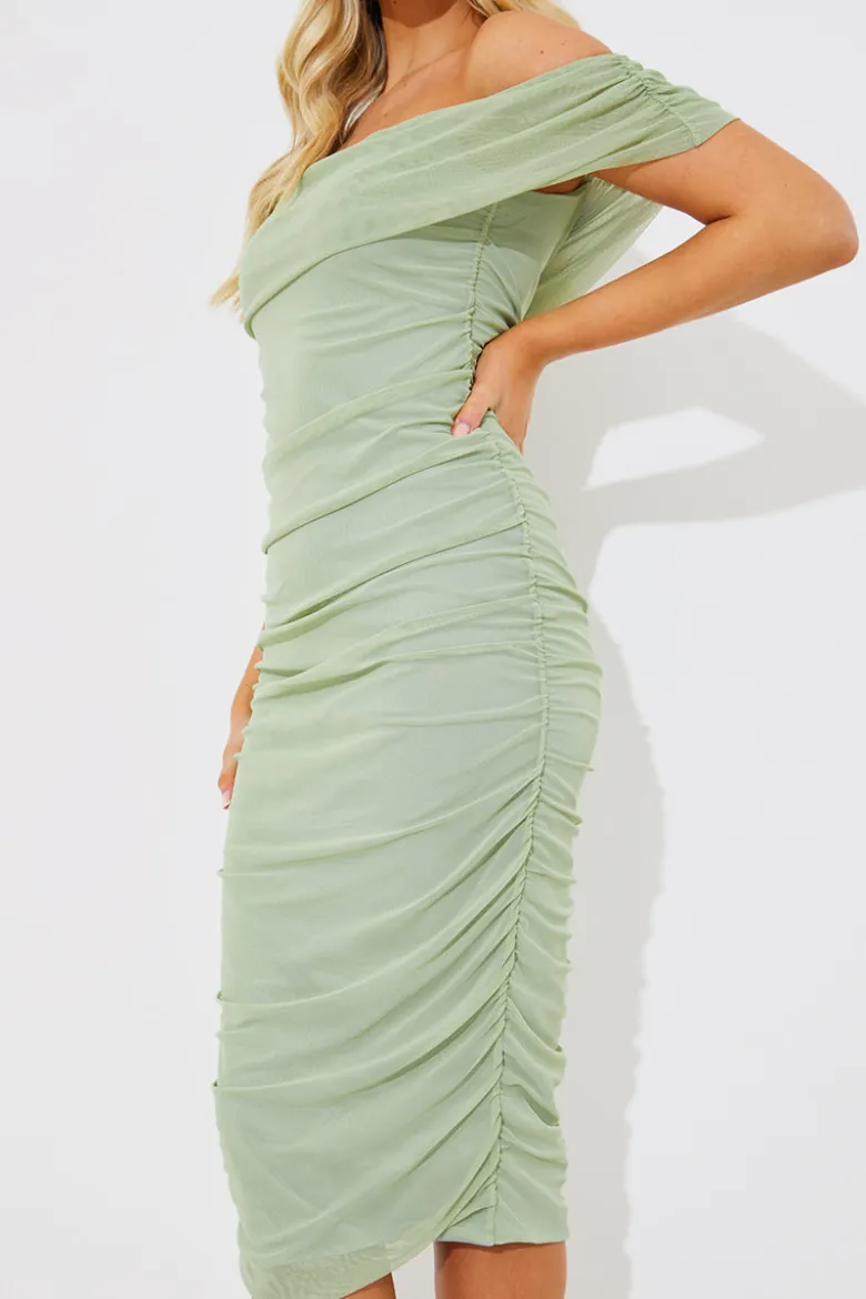 Mesh Bardot Ruched Midi Dress