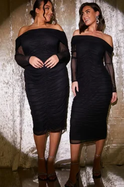 Mesh Bardot Ruched Midi Dress