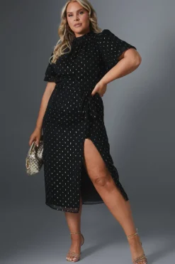 Metallic Polkadot Puff Sleeve Midi Dress