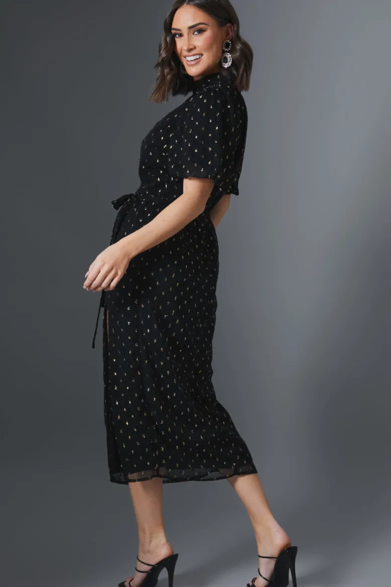 Metallic Polkadot Puff Sleeve Midi Dress