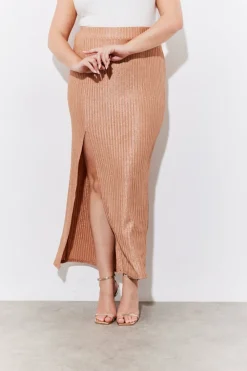 Metallic Rib Split Midaxi Co-Ord Skirt
