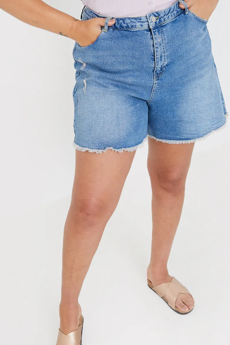 Mid Wash Ripped Denim Shorts