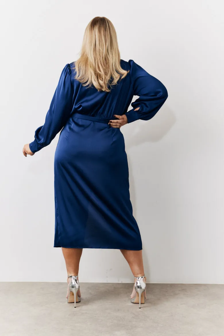 Navy Satin Wrap Midi Dress
