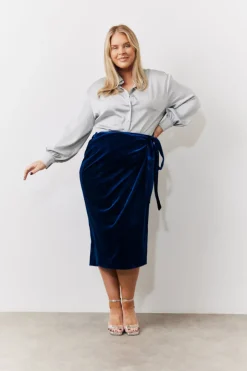 Navy Velvet Wrap Midi Skirt