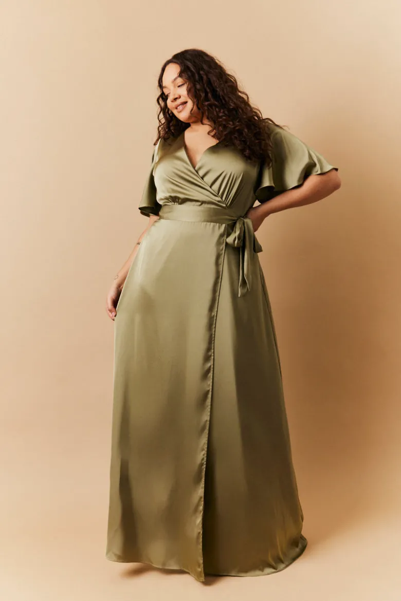 Olive Satin Wrap Tie Angel Sleeve Maxi Dress