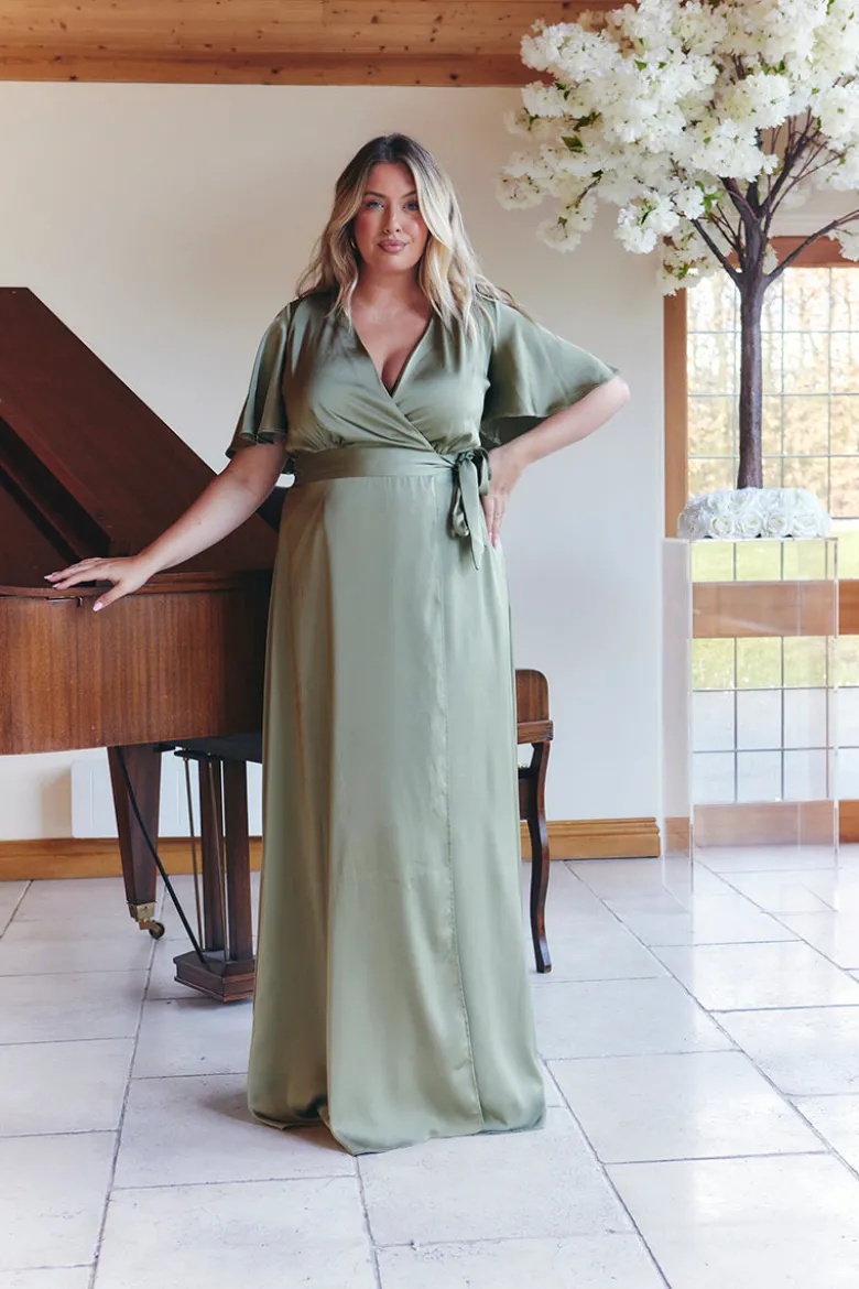 Olive Satin Wrap Tie Angel Sleeve Maxi Dress