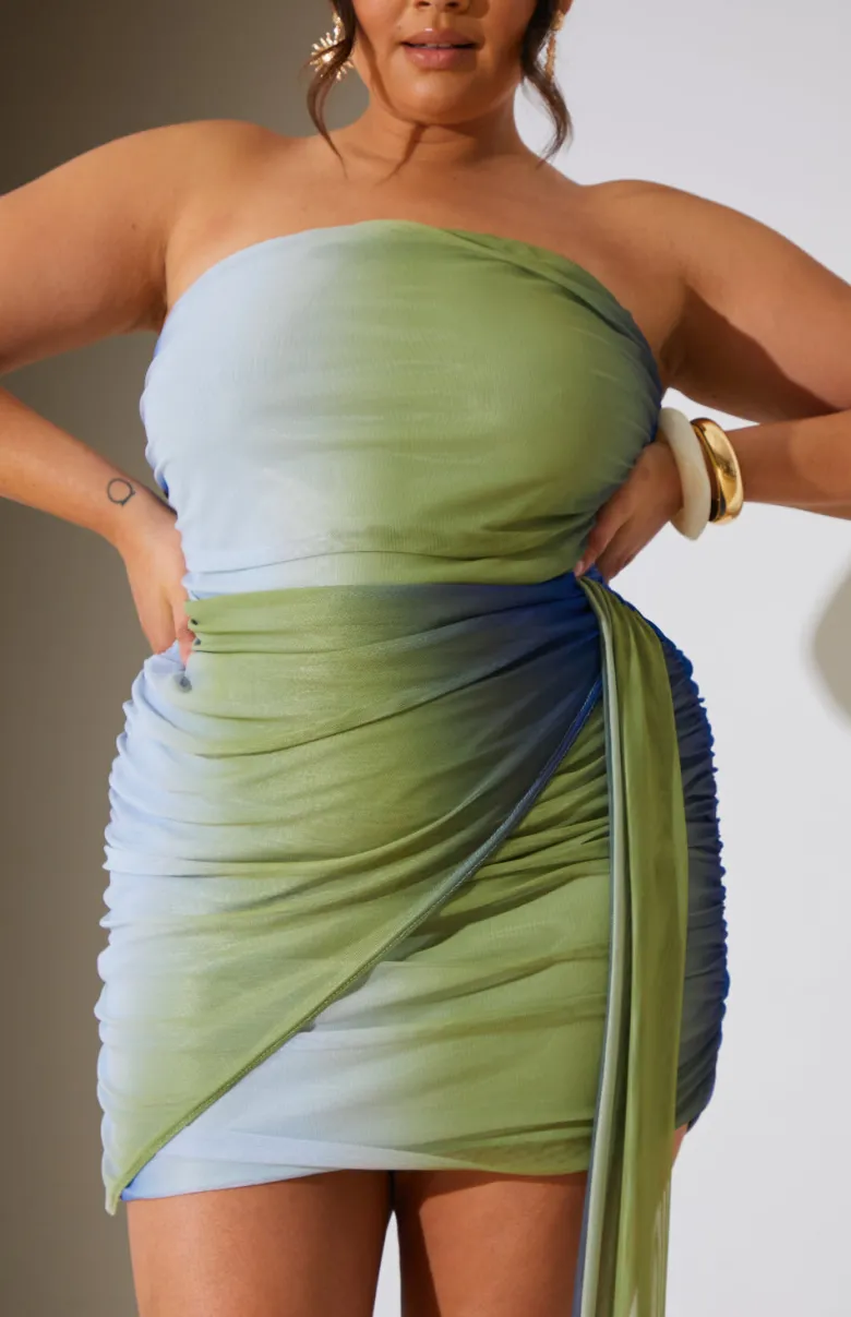 Ombre Mesh Bandeau Drape Mini Dress