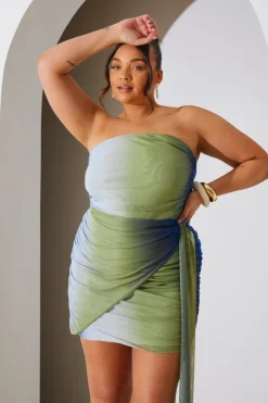 Ombre Mesh Bandeau Drape Mini Dress