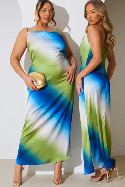 Ombre Satin Cowl Neck Maxi Dress