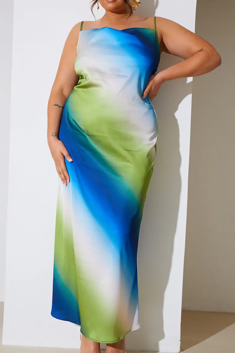 Ombre Satin Cowl Neck Maxi Dress