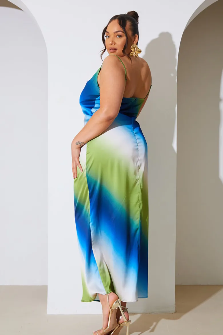 Ombre Satin Cowl Neck Maxi Dress