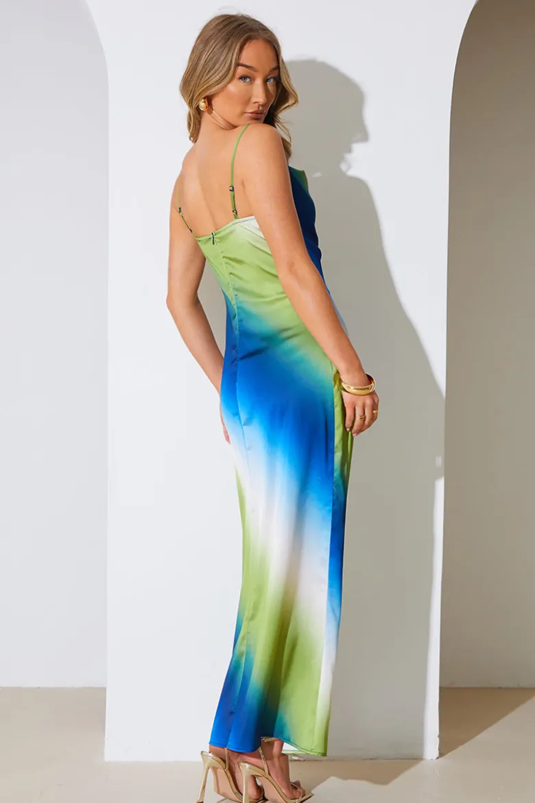 Ombre Satin Cowl Neck Maxi Dress