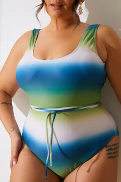 Ombre Scoop Neck Belt Detail Swimsuit