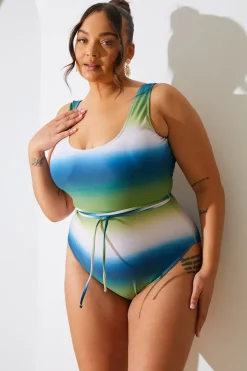 Ombre Scoop Neck Belt Detail Swimsuit