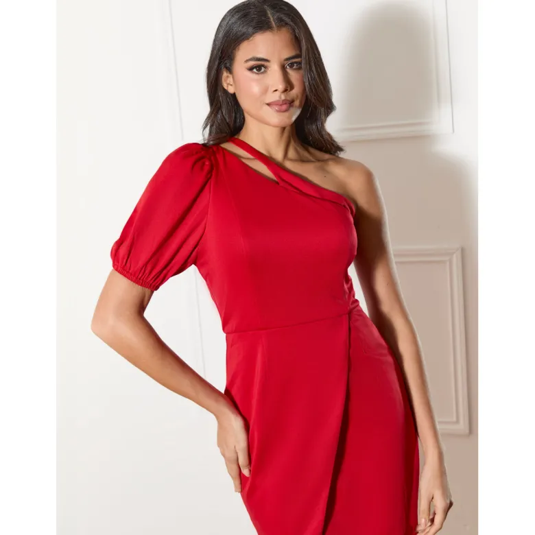 One Shoulder Puff Sleeve Bodycon Mini Dress in Red
