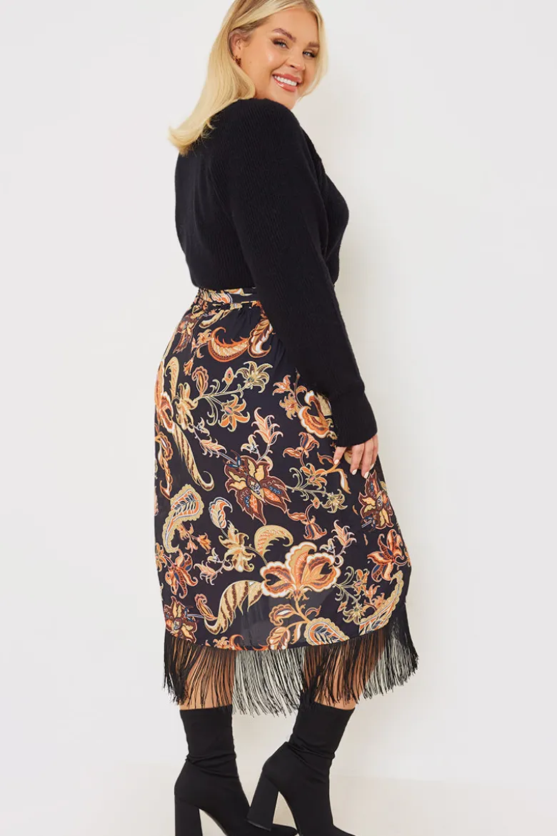Paisley Print Wrap Midi Skirt