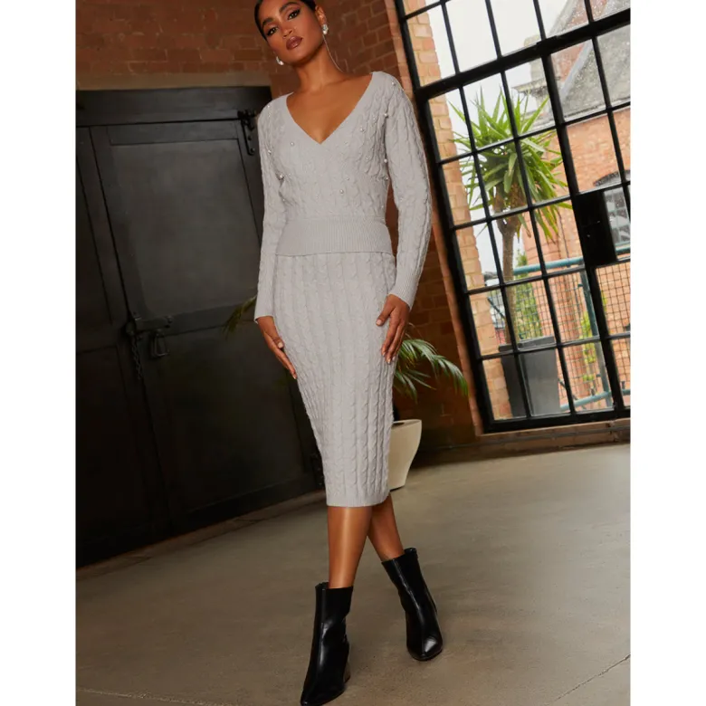 Pearl Detail Cable Knit Wrap Style Jumper in Grey