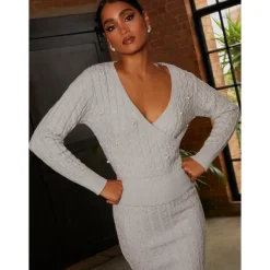 Pearl Detail Cable Knit Wrap Style Jumper in Grey