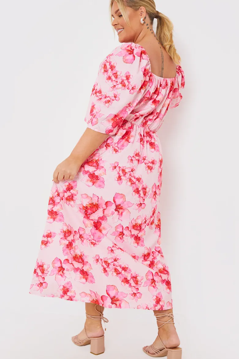 PINK FLORAL FLUTTER SLEEVE MIDAXI DRESS