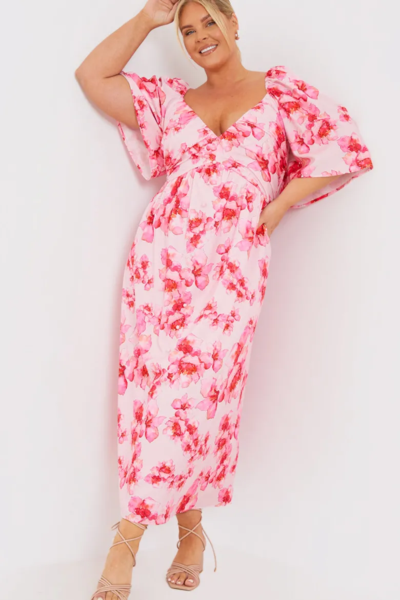 PINK FLORAL FLUTTER SLEEVE MIDAXI DRESS