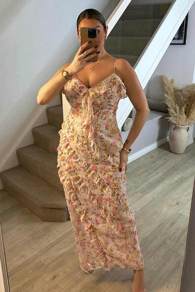 Pink Floral Frill Detail Maxi Dress