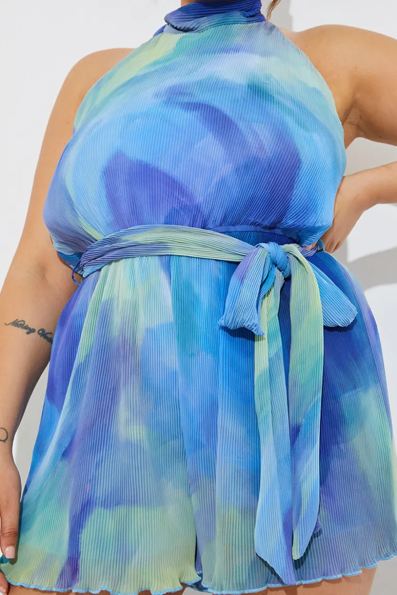 Plisse Abstract Halterneck Belted Playsuit
