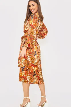 Plunge Balloon Sleeve Belted Midi Dress