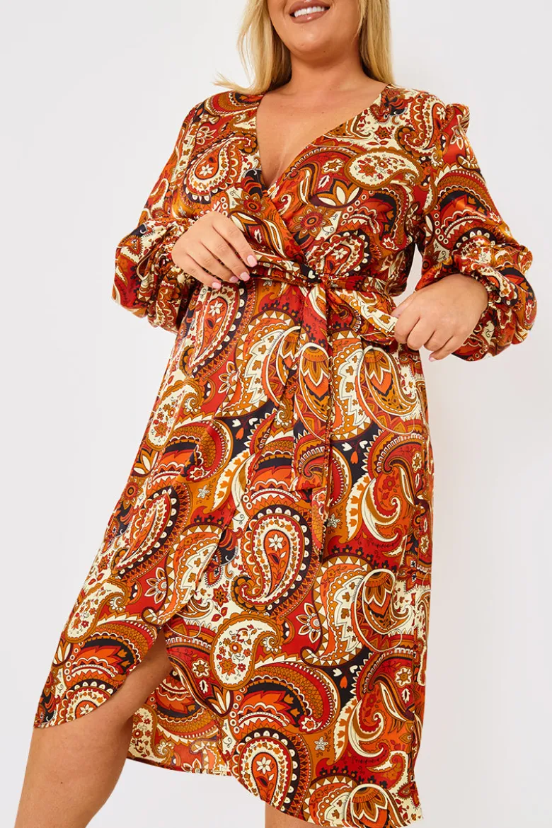 Plunge Balloon Sleeve Belted Midi Dress