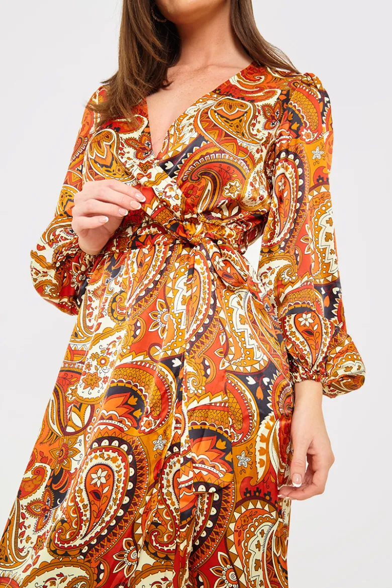 Plunge Balloon Sleeve Belted Midi Dress
