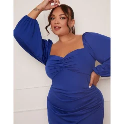 Plus Size Long Sleeve Bodycon Mini Dress in Blue