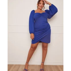 Plus Size Long Sleeve Bodycon Mini Dress in Blue