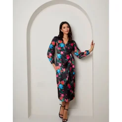 Plus Size Long Sleeve Floral Wrap Dress in Black