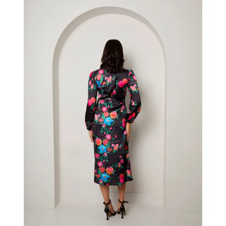 Plus Size Long Sleeve Floral Wrap Dress in Black