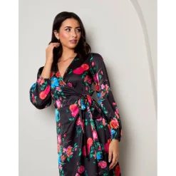 Plus Size Long Sleeve Floral Wrap Dress in Black