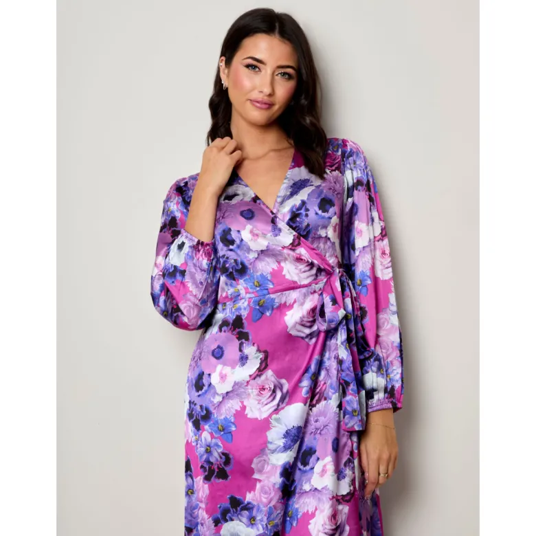 Plus Size Long Sleeve Floral Wrap Dress in Purple