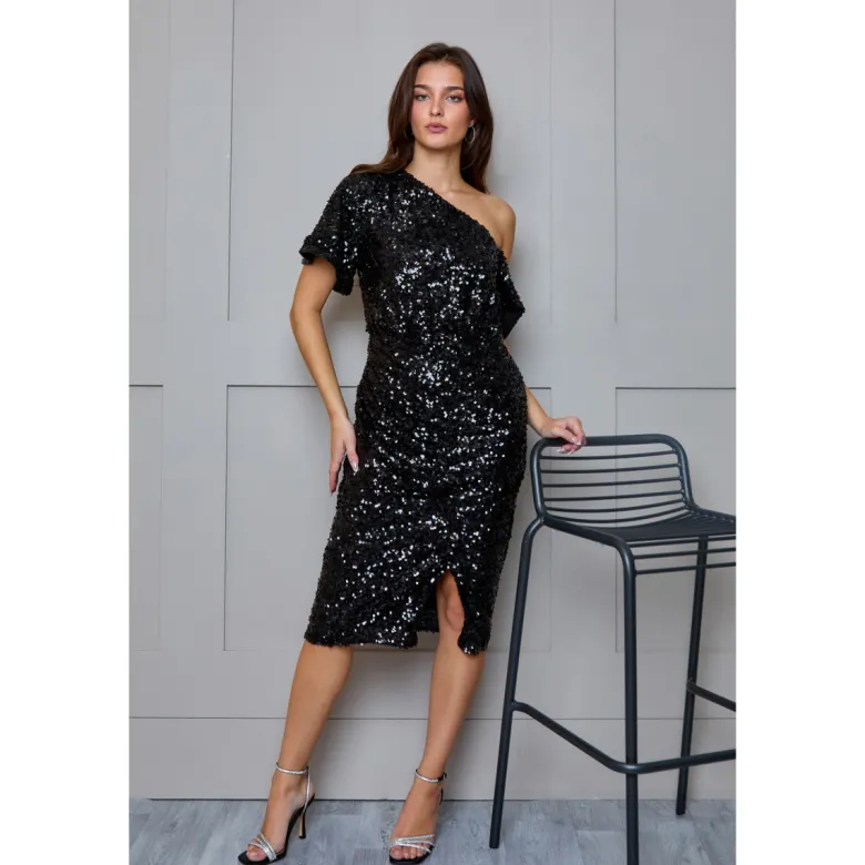 Plus Size One Shoulder Ruched Sequin Midi Dress in Black