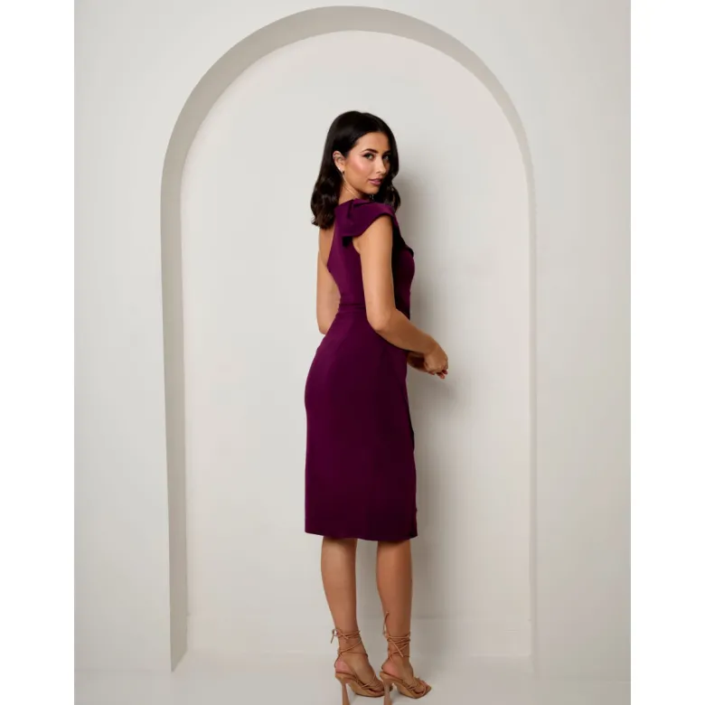 Plus Size One Shoulder Wrap Detail Midi Dress in Purple